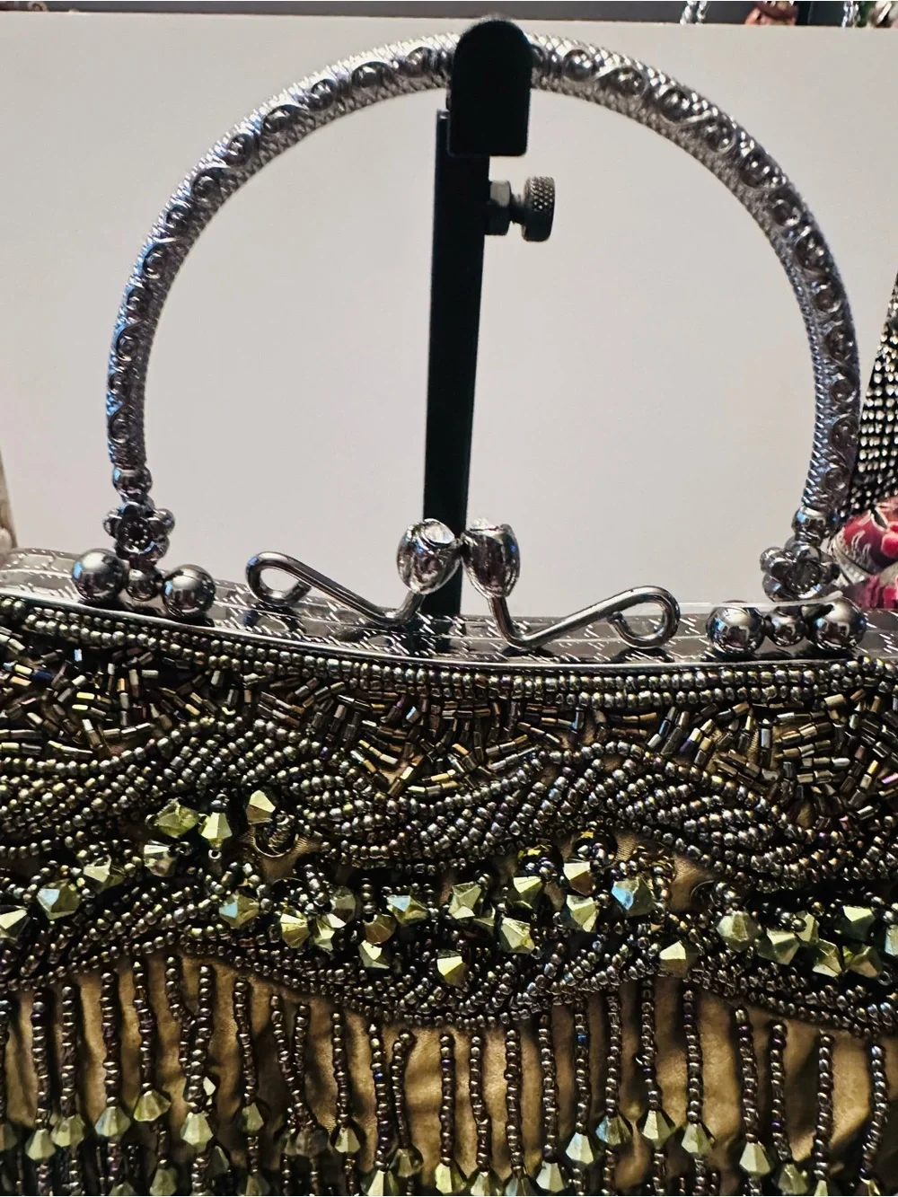 Olive Green Satin Beaded Mary Frances Inspired design Clutch/Purse with chain NW